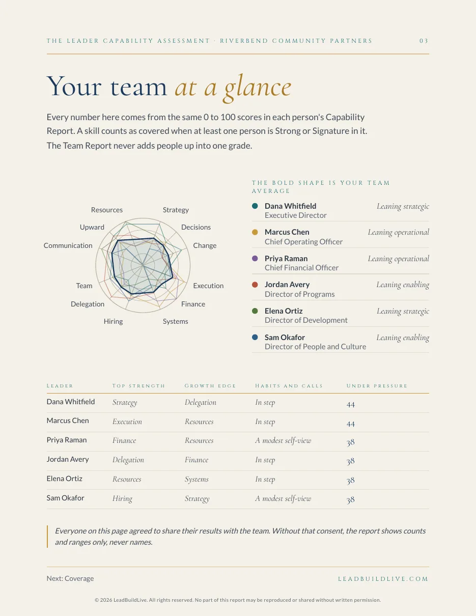 Team Report page: your team at a glance, every leader on one capability map